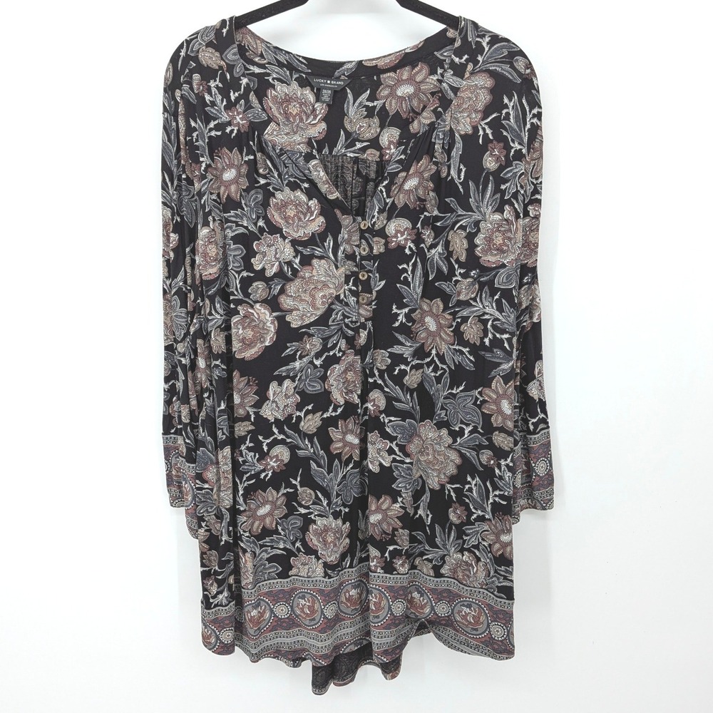 Lucky Brand Tunic Women Plus 2X Black Floral Boho Long Sleeve V-Neck Viscose‎